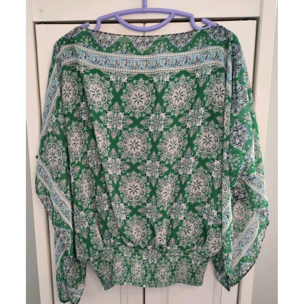 Max Studio Blouse Size Large Sheer Green Blue Pattern Whimsigoth Slit Sleeves